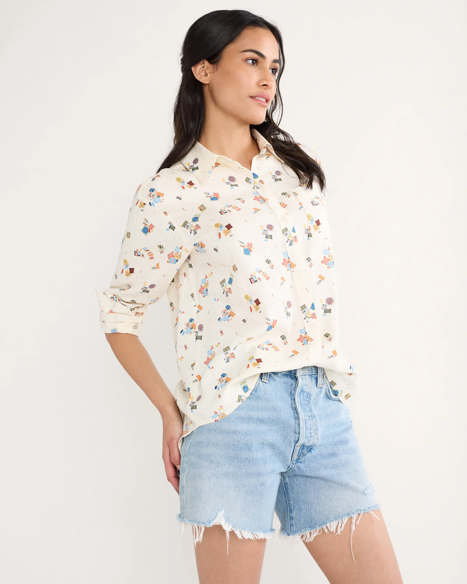 Pendleton WOMEN'S BEACH PRINT COASTAL LINEN SHIRT ANTIQUE WHITE BEACH PRINT Discount