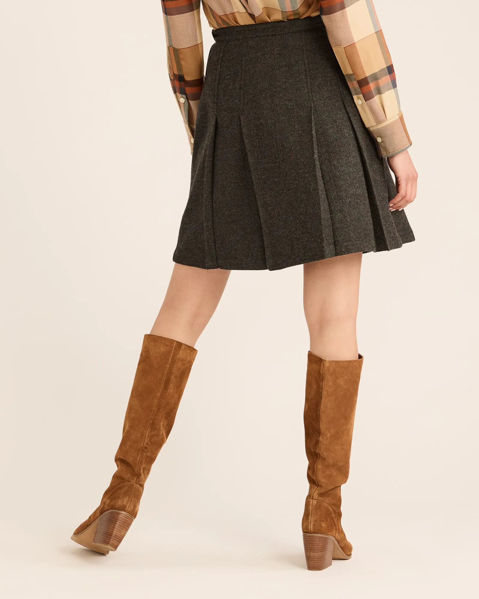 Pendleton WOMEN'S BOX PLEAT WOOL SKIRT BLACK/GREEN HERRINGBONE Hot