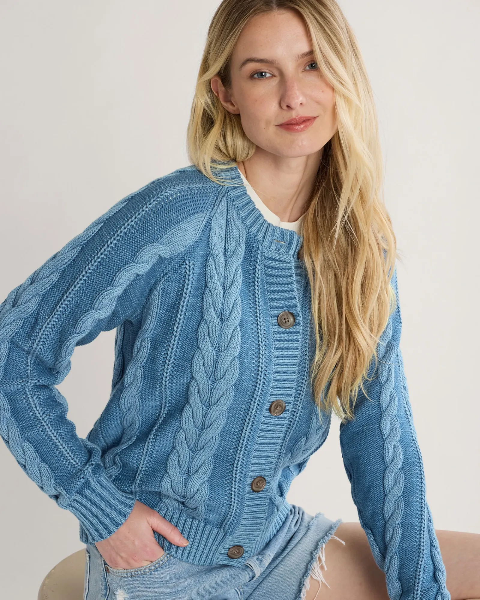 Pendleton WOMEN'S COTTON CABLE CARDIGAN DUSTY BLUE Best