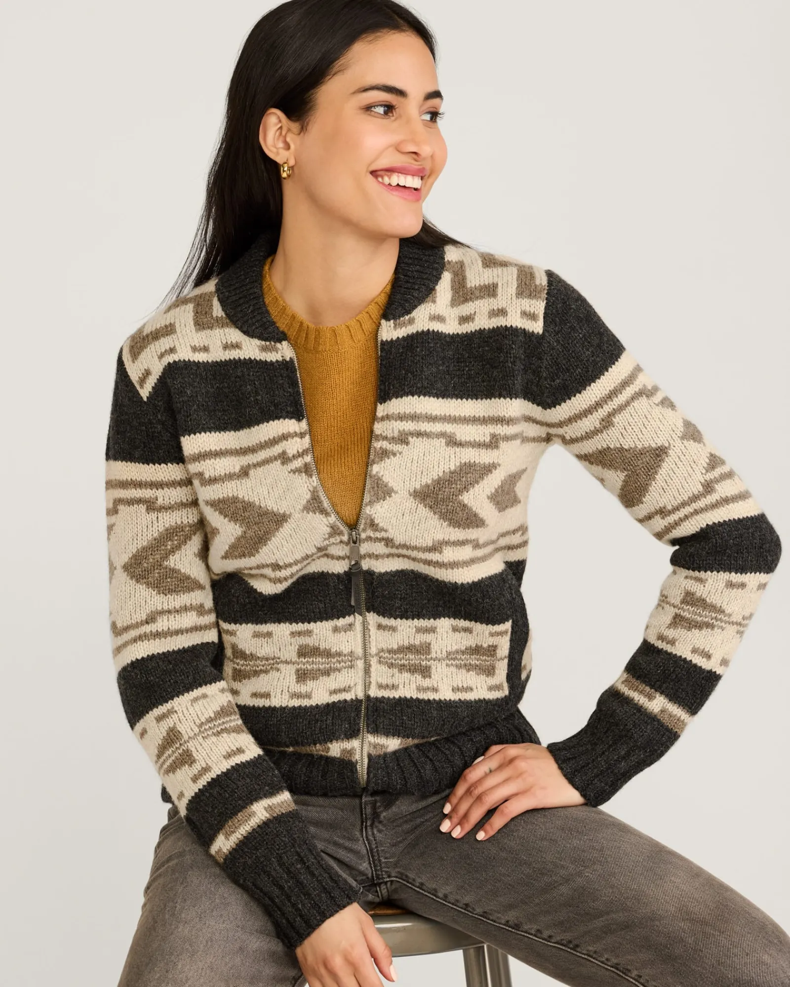 Pendleton WOMEN'S GRAPHIC SHETLAND COLLECTION ZIP CARDIGAN OXFORD GREY MULTI New