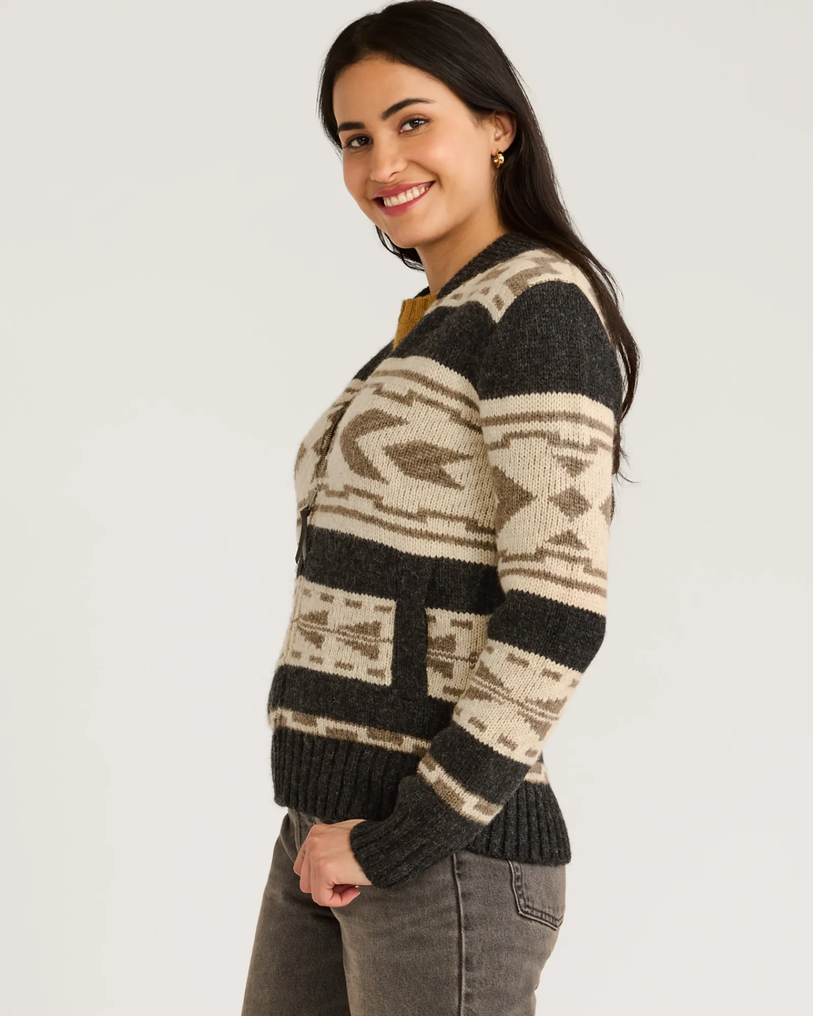 Pendleton WOMEN'S GRAPHIC SHETLAND COLLECTION ZIP CARDIGAN OXFORD GREY MULTI New