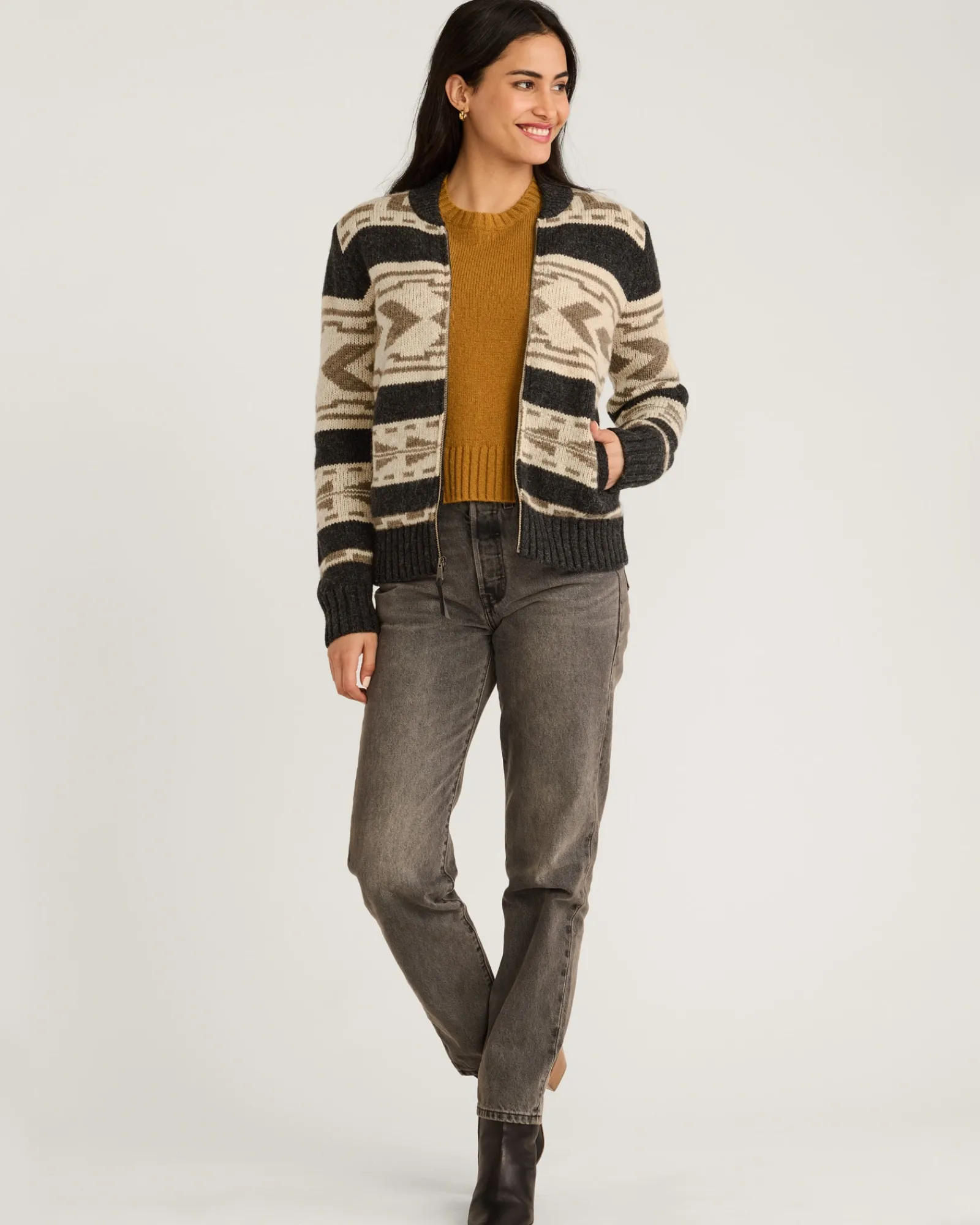 Pendleton WOMEN'S GRAPHIC SHETLAND COLLECTION ZIP CARDIGAN OXFORD GREY MULTI New