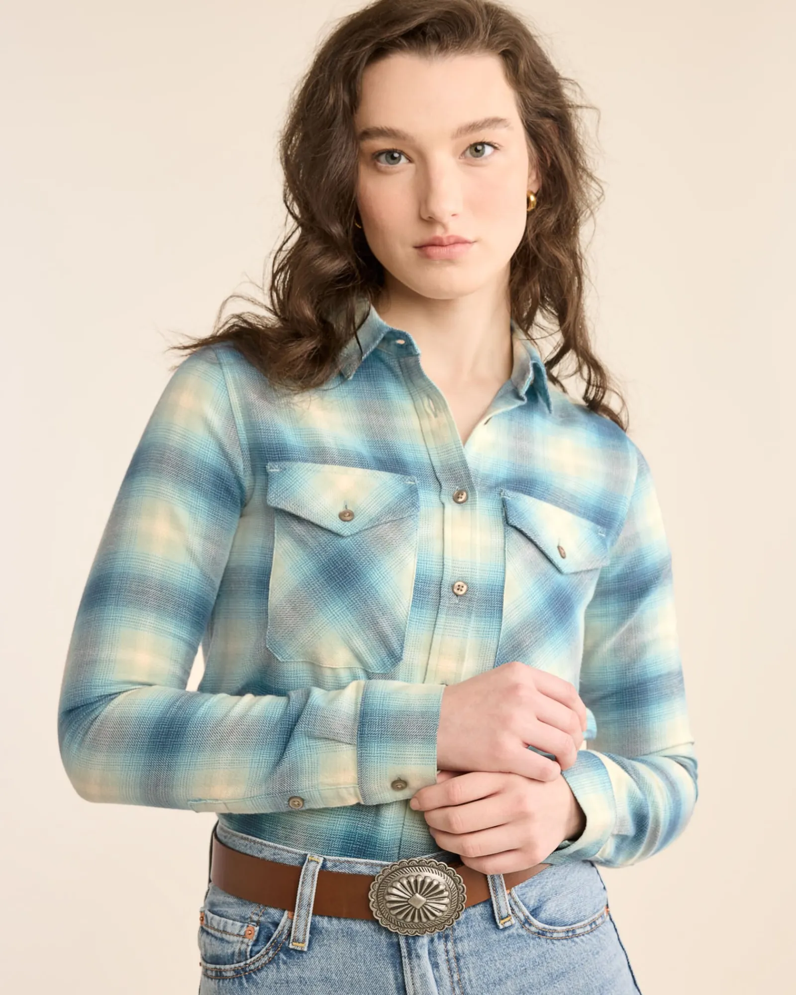 Pendleton WOMEN'S PLAID MADISON DOUBLEBRUSHED FLANNEL SHIRT AQUA OMBRE Clearance