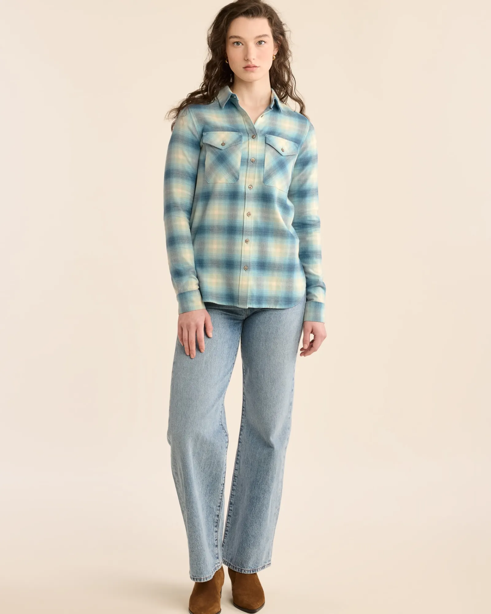 Pendleton WOMEN'S PLAID MADISON DOUBLEBRUSHED FLANNEL SHIRT AQUA OMBRE Clearance