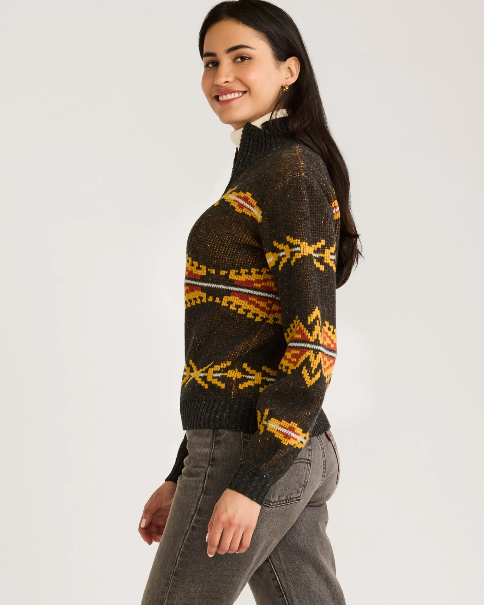 Pendleton WOMEN'S QUARTER-ZIP MERINO SWEATER CHARCOAL MULTI Fashion