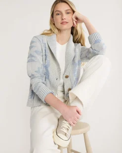 Pendleton WOMEN'S TEXTURED COTTON CARDIGAN ECRU/DUSTY BLUE Clearance