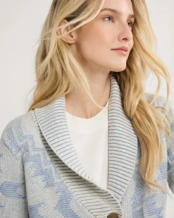 Pendleton WOMEN'S TEXTURED COTTON CARDIGAN ECRU/DUSTY BLUE Clearance