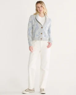 Pendleton WOMEN'S TEXTURED COTTON CARDIGAN ECRU/DUSTY BLUE Clearance